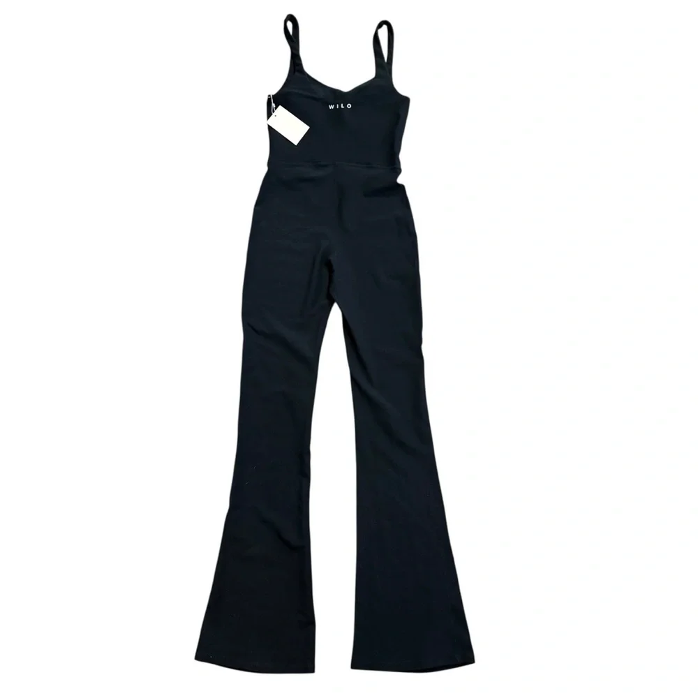 WILO THE LABEL V-Neck Flare Unitard Ribbed Black Jumpsuit Activewear Size XS NWT